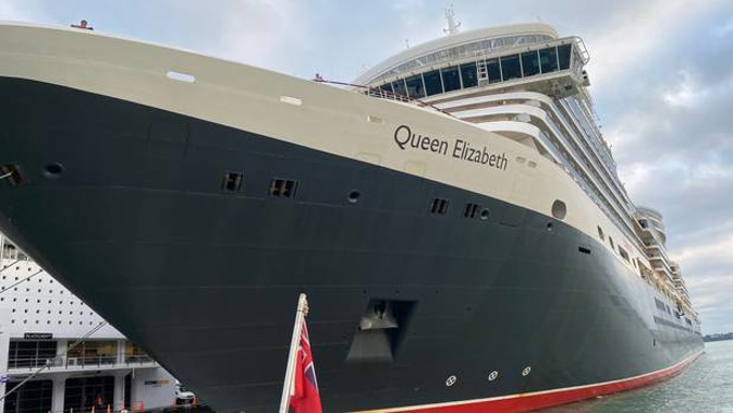The Queen Elizabeth berthing in Auckland this morning, as seen from the deck of Fullers' close-brushing ferry from Hobsonville Point. Photo / Chris Keall