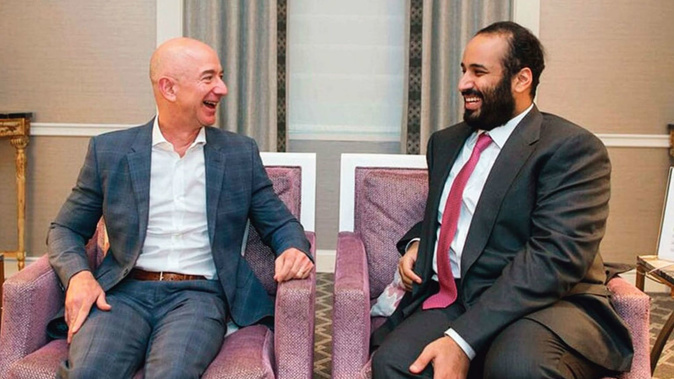 Amazon CEO Jeff Bezos shown with Saudi Crown Prince Mohammed bin Salman. (Photo / Saudi Press Agency)