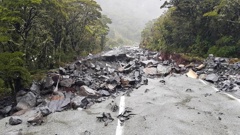 Flood damage on State Highway 94 at Forks Bridge area about 1.5 km from the Homer Tunnel. to Milford in Fiordland on Monday. Photo / NZTA