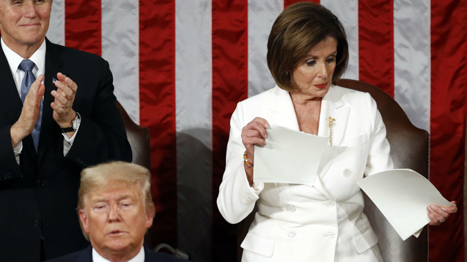 Nancy Pelosi ripped the speech up in full view of the cameras. (Photo / AP)
