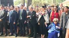 Party leaders at Waitangi as they prepare to walk onto the grounds. (Photo / NZ Herald)