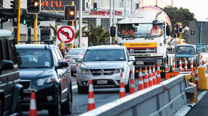 Traffic congestion due to road works on Quay St including trucks. 23 April 2019. Photo / Jason Oxenham