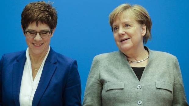 German Chancellor Angela Merkel, right, and CDU party chairwoman and Defence Minister Annegret Kramp-Karrenbauer, left, in Berlin, Germany. Photo / AP