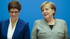 German Chancellor Angela Merkel, right, and CDU party chairwoman and Defence Minister Annegret Kramp-Karrenbauer, left, in Berlin, Germany. Photo / AP