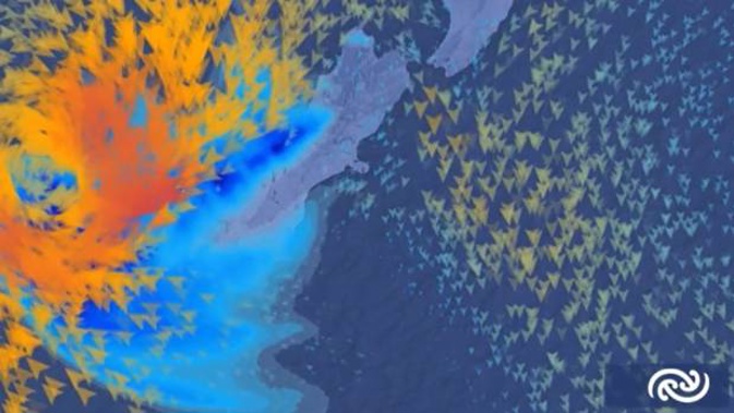 This model shows Uesi sweeping into the South Island's West Coast on Sunday, bringing rain to large parts of the South Island. Image / MetService