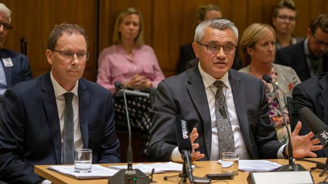 Radio New Zealand chief executive Paul Thompson, left, and chairman, Jim Mather, during their appearance before the Economic Development, Science and Innovation select committee Photo / Mark Mitchell