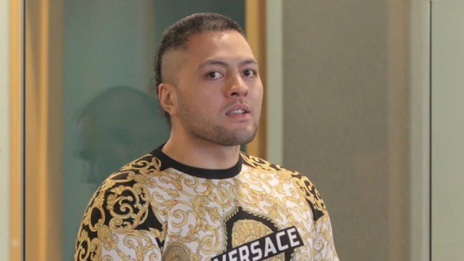 Comancheros vice president Tyson Daniels wearing Versace at his sentencing on money laundering. Photo / Michael Craig
