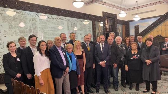 A group of Moriori members and crown representatives at the Treaty settlement ceremony. (Photo / RNZ)