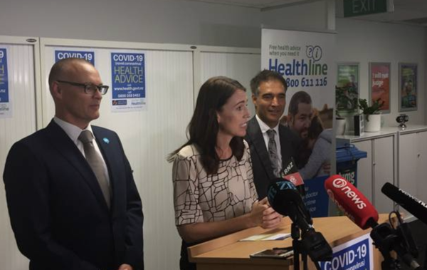 Ardern speaking to media about coronavirus at Healthline. Photo / Luke Kirkness
