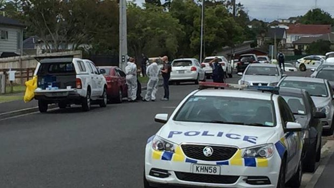 Police on Marion Ave in Mt Roskill on Saturday morning after three people were shot in their beds. (Photo / Supplied)