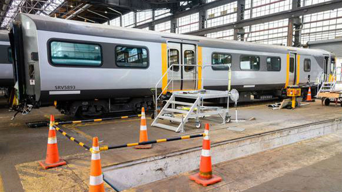 An exterior look at one of the new carriages to be used in the Hamilton to Auckland commuter rail service which will begin on August 3. Photo / Waikato Regional Council