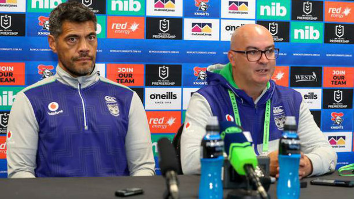 Warriors CEO Cameron George and coach Stephen Kearney address the media on Saturday night. (Photo / Photosport)