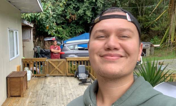 Recovering Covid-19 patient Joshua Dent at home in the Bay of Islands. His father, Sam Dent, is living in his car and coming no closer than 10m to his son. (Photo / Joshua Dent)