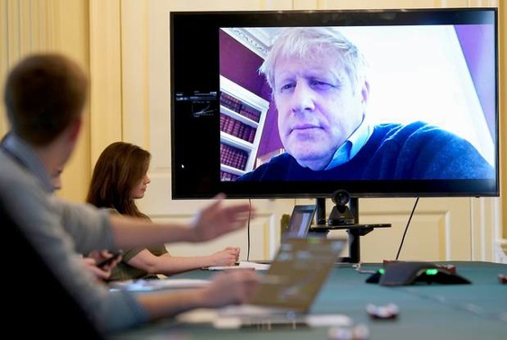Britain's Prime Minister Boris Johnson chairs the morning Covid-19 Meeting remotely after self-isolating following testing positive for the coronavirus. Photo / AP