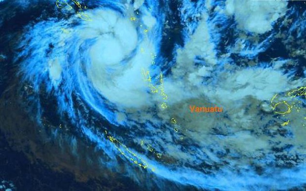 Latest satellite image of Tropical Cyclone Harold above Vanuatu. The system is swirling over Solomon Islands.