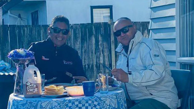 Former MP Hone Harawira (left) has breakfast in Auckland over the weekend after taking an essential trip down from Northland. (Photo / Hone Harawira)
