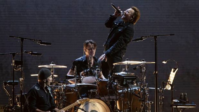 U2 band members the Edge and Bono perform at Mt Smart Stadium. (Photo / Greg Bowker)