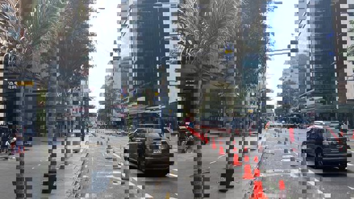 Social distancing cones have popped up in Auckland's CBD. (Photo / Supplied)