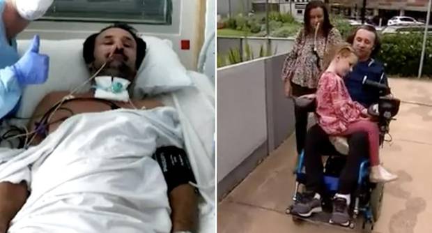Damion Miller after his freak accident with his partner Celeste and daughter Maddison. Photo / A Current Affair