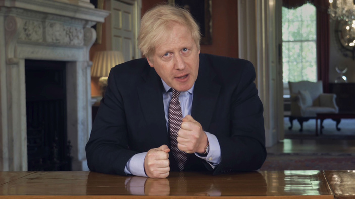 In this grab taken from video issued by Downing Street, Boris Johnson delivers an address on lifting the country's lockdown amid the coronavirus pandemic. (Photo via AP)