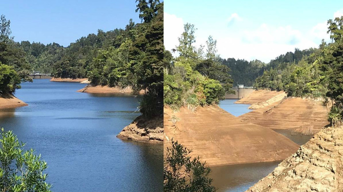 Photos of the Upper Nihotupu dam taken three months apart. (Photo / Supplied)