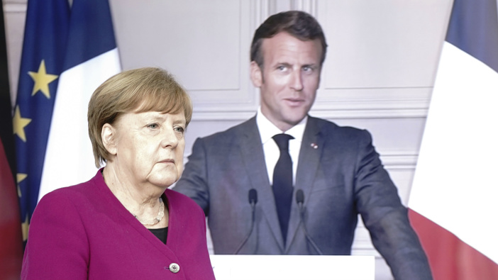 Angela Merkel attends a video press conference with Emmanuel Macron. (Photo / AP)