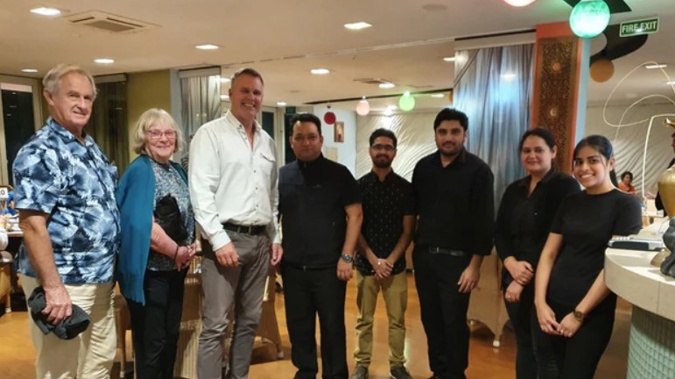 Northland MP Matt King - third from left - with parents Joe and Jen and staff of Paihia's Green restaurant. (Photo / Supplied)