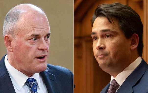 Todd Muller and Simon Bridges. Muller's hand was forced when National Party leader Bridges (right) outed him as his leadership challenger.