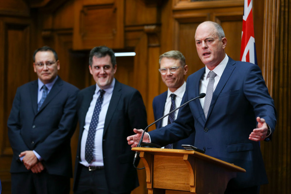 New National leader Todd Muller (right) with other National MPs. (Photo / Getty)