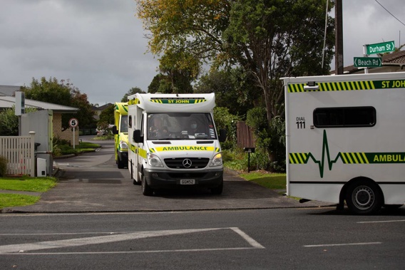 Three ambulances leave St Margaret's rest home in Te Atatu, West Auckland. (Photo / Sylvie Whinray)