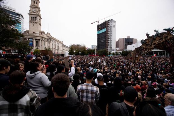 Protestors on Queen St, Auckland, in protest of the killing of George Floyd by a police officer in Minneapolis. Photo / Dean Purcell
