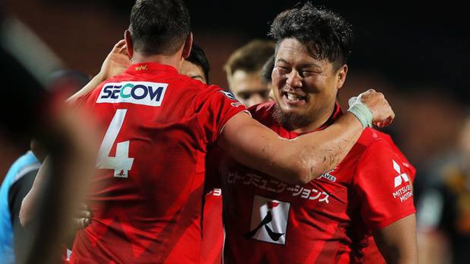 Sunwolves lock Luke Thompson and prop Hiroshi Yamashita celebrate their 2019 victory over the Chiefs. (Photo / Photosport)