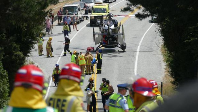 Emergency services at the scene of the serious crash on the Queenstown-Glenorchy Rd in January. (Photo / Tracey Roxburgh)