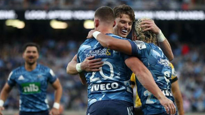 Beauden Barrett celebrates Dalton Papalii's try in their win over the Hurricanes. (Photo / Photosport)