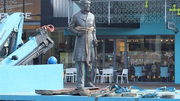 The statue of Captain John Hamilton in Hamilton was removed last week. (Photo / NZME)