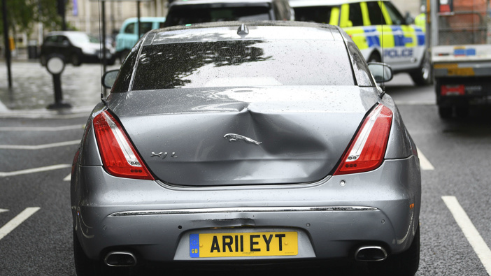 Damage to Britain's Prime Minister Boris Johnson's car after a man ran in front of it as it left the Houses of Parliament. (Photo / AP)