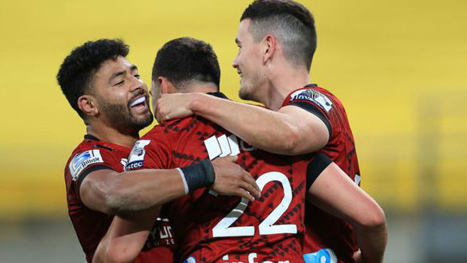 The Crusaders celebrate David Havili's try against the Hurricanes. (Photo / Photosport)