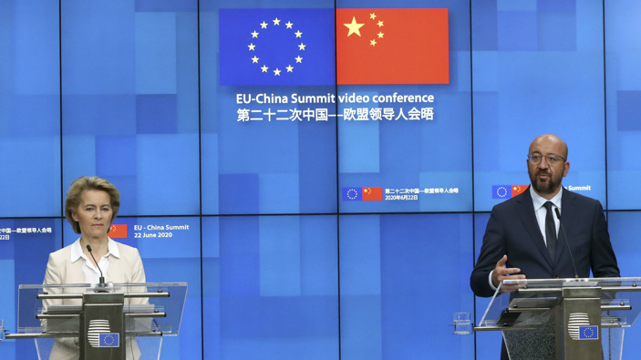 European Council President Charles Michel, right, and European Commission President Ursula von der Leyen participate in a media conference at the conclusion of an EU-China summit. (Photo / AP)