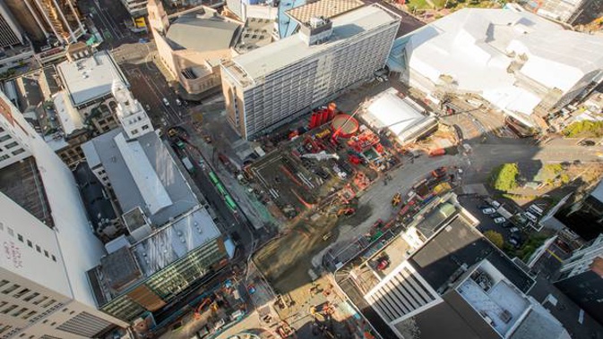 A bird's eye view of the work site in central Auckland for Aotea station as part of the City Rail Link. Photo / Greg Bowker