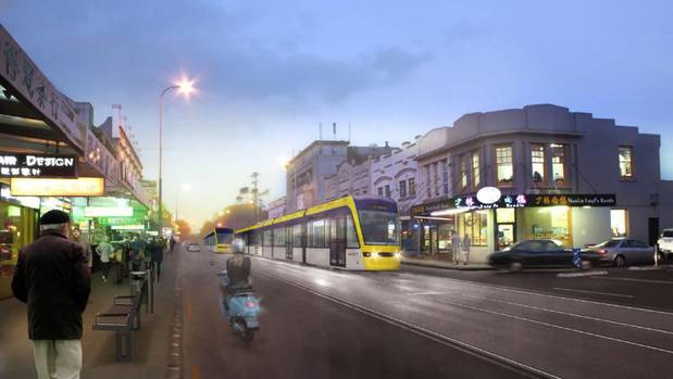 An artist's impression of a light rail tram on Dominion Road. Image / File