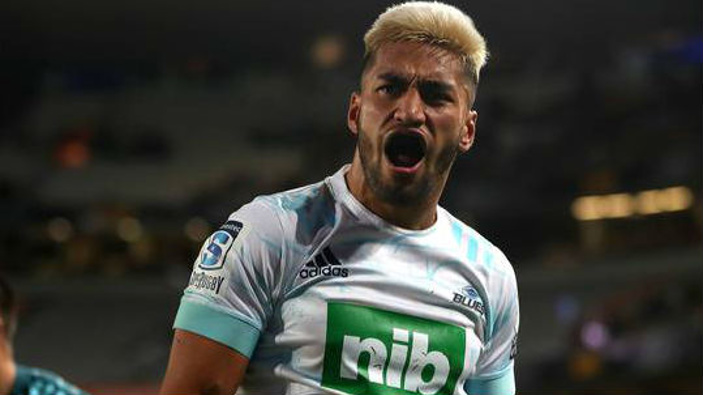 Rieko Ioane of the Blues celebrates after scoring a try against the Highlanders. Photo / Getty