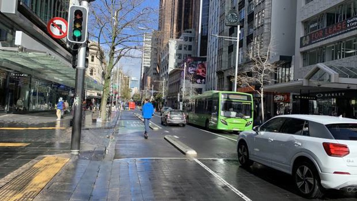 The concrete safety separators installed last night on Queen St. Photo / Auckland Council