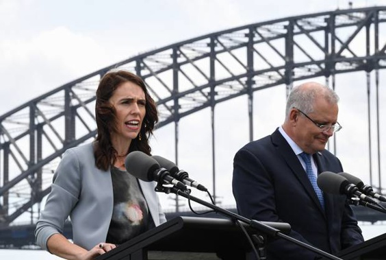 Jacinda Ardern and Scott Morrison speak to media at a press conference held at Admiralty House in February. Photo / Getty Images