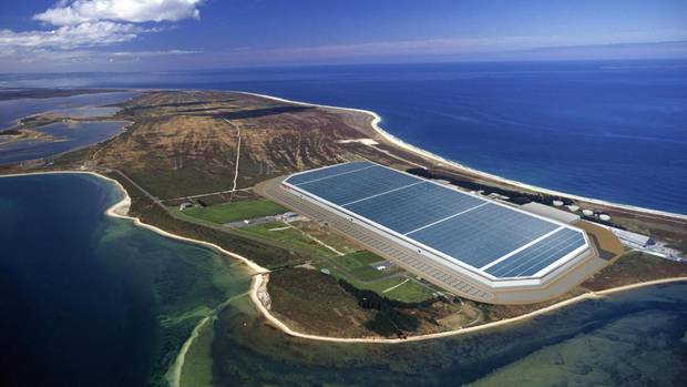 A graphic illustration of what a Tesla Gigafactory could look like at Tiwai Pt. Image / supplied
