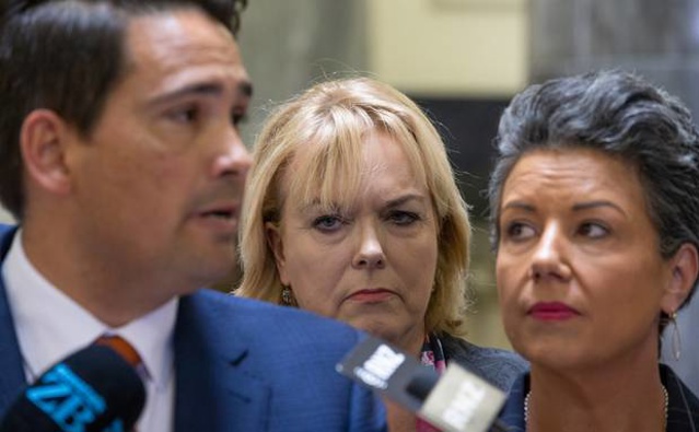 Judith Collins with former leadership team Simon Bridges and Paula Bennett. (Photo / NZ Herald)