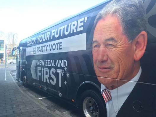 NZ First's election campaign bus is back, with the slogan "Back your future". (Photo / Jason Walls)