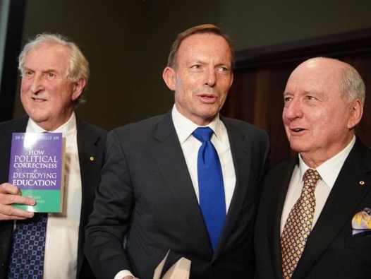 Dr Kevin Donnelly launching his new book with former prime minister Tony Abbott and radio broadcaster Alan Jones on Tuesday. Picture: Ben Rushton/AAPSource:AAP