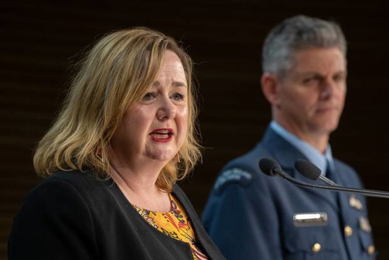 Cabinet Minister Megan Woods and Air Commodore Darryn Webb are speaking in the Beehive about managed isolation. Photo / Mark Mitchell