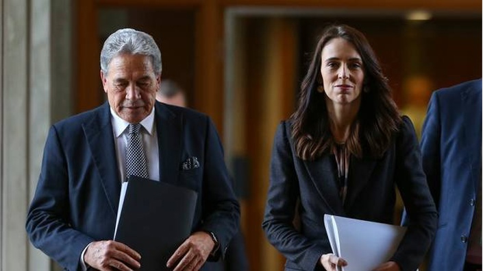 PM Jacinda Ardern with NZ First leader Winston Peters on Budget Day. Photo / Hagen Hopkins
