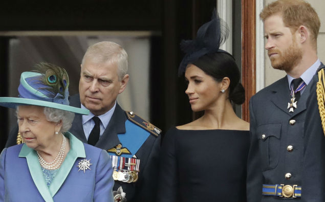 The Queen with the Duke and Duchess of Sussex. (Photo / AP)